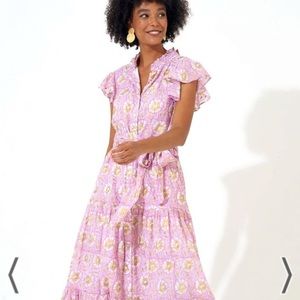 Oliphant, pink, gold and white tiered maxi dress